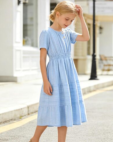 Tween Girls Summer Boho Dress Short Sleeve Tiered Smocked Solid Dresses Casual Sundress 6-14 Years in Saudi Arabia