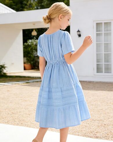 Tween Girls Summer Boho Dress Short Sleeve Tiered Smocked Solid Dresses Casual Sundress 6-14 Years in Saudi Arabia