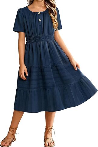 Tween Girls Summer Boho Dress Short Sleeve Tiered Smocked Solid Dresses Casual Sundress 6-14 Years in Saudi Arabia
