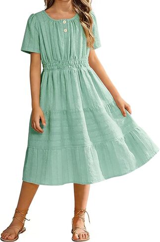 Tween Girls Summer Boho Dress Short Sleeve Tiered Smocked Solid Dresses Casual Sundress 6-14 Years in Saudi Arabia