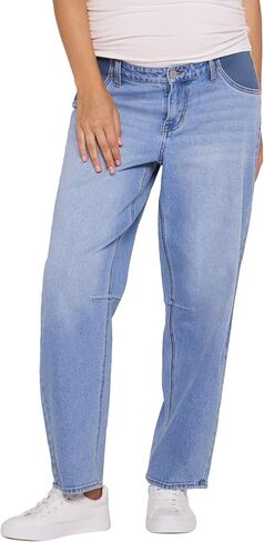 Motherhood Maternity Women's Under the Belly Relaxed Dart Barrel Leg Denim Pregnancy Jeans with Side Elastic Panel Insets in Kuwait