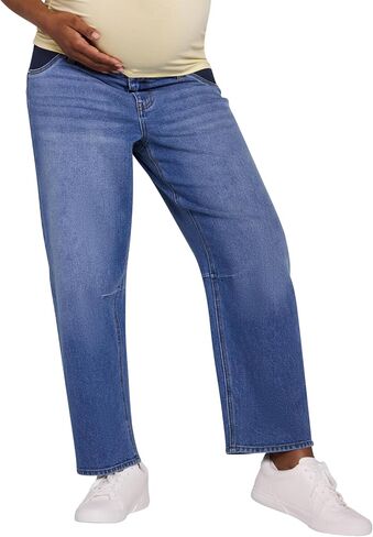 Motherhood Maternity Women's Under the Belly Relaxed Dart Barrel Leg Denim Pregnancy Jeans with Side Elastic Panel Insets in Kuwait