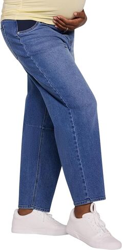 Motherhood Maternity Women's Under the Belly Relaxed Dart Barrel Leg Denim Pregnancy Jeans with Side Elastic Panel Insets in Kuwait