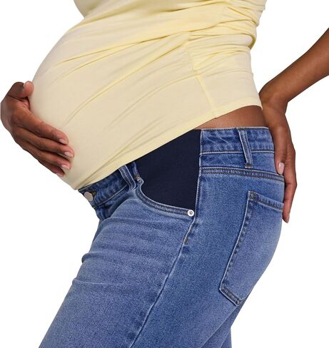 Motherhood Maternity Women's Under the Belly Relaxed Dart Barrel Leg Denim Pregnancy Jeans with Side Elastic Panel Insets in Kuwait