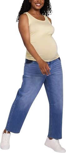 Motherhood Maternity Women's Under the Belly Relaxed Dart Barrel Leg Denim Pregnancy Jeans with Side Elastic Panel Insets in Kuwait