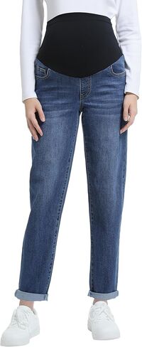 Women's Maternity Jeans Over Belly Comfy Stretch Boyfriend Jeans with Pockets Loose Pregnancy Denim Pants in Kuwait