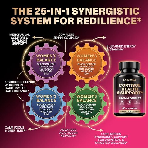 Cortisol Health & Support – 25-in-1 Multi-Ingredient Complex with Ashwagandha, L-Theanine, Rhodiola & Magnesium – Daily Balance, Mood & Energy Support – 60 Capsules in Saudi Arabia