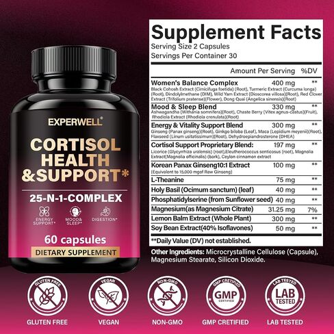 Cortisol Health & Support – 25-in-1 Multi-Ingredient Complex with Ashwagandha, L-Theanine, Rhodiola & Magnesium – Daily Balance, Mood & Energy Support – 60 Capsules in Saudi Arabia