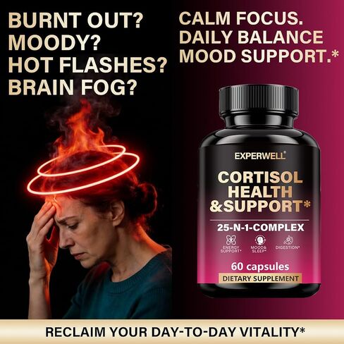 Cortisol Health & Support – 25-in-1 Multi-Ingredient Complex with Ashwagandha, L-Theanine, Rhodiola & Magnesium – Daily Balance, Mood & Energy Support – 60 Capsules in Saudi Arabia