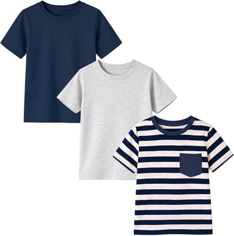 3 Pack Short Sleeve T-Shirts, Cotton Crew Neck Tees for Boys 5-13Y, Navy Blue Heather Grey Striped Casual Tops for Boys in Kuwait