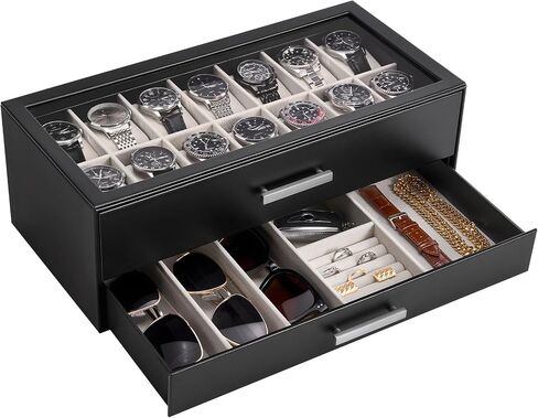 ProCase 12-Slot Watch Box, 2-Tier Pull-Out Drawers Display Case for Men, Fathers Day Gift for Dad Men with Clear Top Lid, Jewelry Sunglass Storage Organizer, Anniversary Birthday Gifts -Black in Kuwait