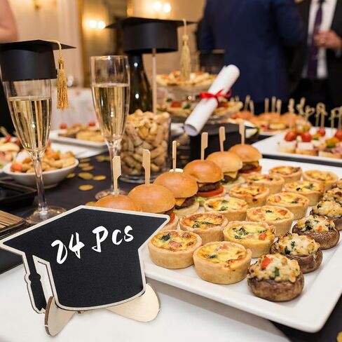 Eaasty 24 Pcs Mini Chalkboard Signs Party Food Labels for Party Buffet with Stand 2 Pen Small Erasable Reusable Wooden Blackboard for Table Setting Name Decorations(Grad Cap) in Kuwait