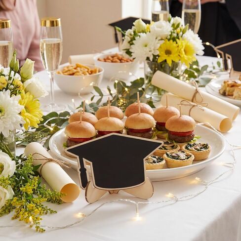 Eaasty 24 Pcs Mini Chalkboard Signs Party Food Labels for Party Buffet with Stand 2 Pen Small Erasable Reusable Wooden Blackboard for Table Setting Name Decorations(Grad Cap) in Kuwait