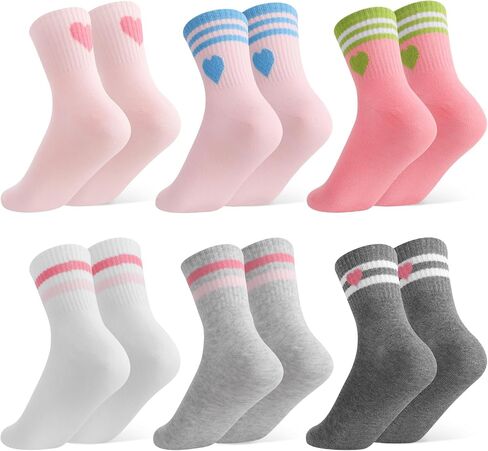 6 Pairs of Kids Athletic Socks, Crew Athletic Sock for Kids, Hearts Stripes Cotton Sock with High Ribbed Top Cuffs, Boys and Girls Socks 8-10 Years Old in Kuwait
