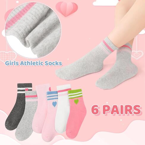 6 Pairs of Kids Athletic Socks, Crew Athletic Sock for Kids, Hearts Stripes Cotton Sock with High Ribbed Top Cuffs, Boys and Girls Socks 8-10 Years Old in Kuwait