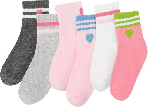 6 Pairs of Kids Athletic Socks, Crew Athletic Sock for Kids, Hearts Stripes Cotton Sock with High Ribbed Top Cuffs, Boys and Girls Socks 8-10 Years Old in Kuwait