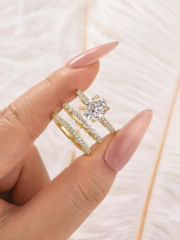 Maxinejewelry 2.0 Carat Oval Wedding Ring Set for Women, 3 Piece 14K Gold Plated Engagement Ring Set, with Two Matching Wedding Bands, S925 Sterling Silver Bridal Jewelry in Saudi Arabia