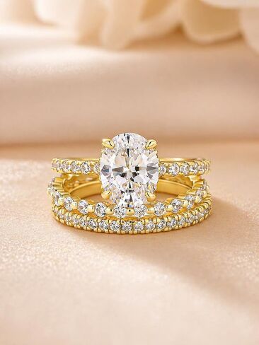 Maxinejewelry 2.0 Carat Oval Wedding Ring Set for Women, 3 Piece 14K Gold Plated Engagement Ring Set, with Two Matching Wedding Bands, S925 Sterling Silver Bridal Jewelry in Saudi Arabia