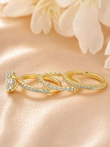 Maxinejewelry 2.0 Carat Oval Wedding Ring Set for Women, 3 Piece 14K Gold Plated Engagement Ring Set, with Two Matching Wedding Bands, S925 Sterling Silver Bridal Jewelry in Saudi Arabia