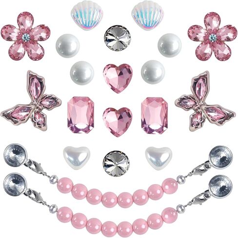 20 Pcs Bling Gem Shoe Decoration Charms for Women Girls, Cute Pearl Rhinestones Butterfly Flower Shell charms with 2 Pearl Chains, Girly Accessories for Clog Sandals Party Gift in Saudi Arabia