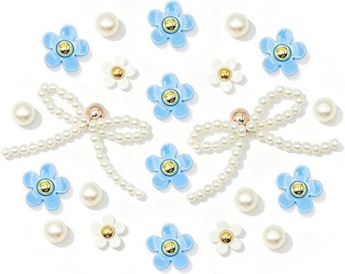 22Pcs Bling Pearl Bow Shoe Charms for Sandals Women, Acrylic Flowers, Pearl Accessories, DIY Shoe Decoration Charms for Girls in Saudi Arabia