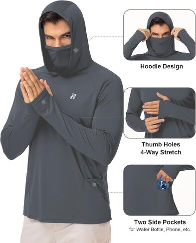Runhit Mens UPF 50+ Fishing Shirt Hoodie with Mask UV Sun Protection Long Sleeve Shirt Rash Guard Hiking Lightweight Cooling in Saudi Arabia