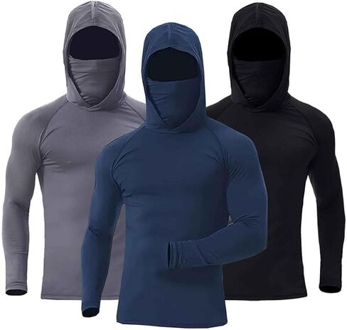 3-Piece Men's UPF 50+ Sun Protection Hoodies, Long Sleeve Moisture Wicking Shirts with Face Mask for Fishing in Saudi Arabia