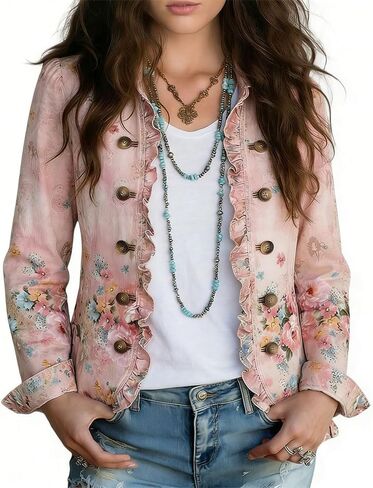 Women's Floral Print Lightweight Long Sleeve Jacket Casual Spring Summer Blazer in Saudi Arabia