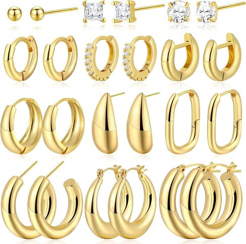 30 Pairs Chunky Gold Hoop Earrings for Women: 14K Gold Plated Lightweight Hypoallergenic Stack, Chunky Hoop Earrings Jewelry Set for Gift in Kuwait