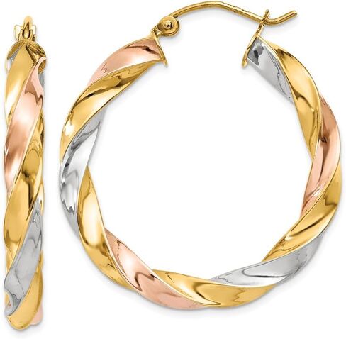 Solid 14k Tri Three Color Gold Light Twisted Hoop Earrings - 33mm x 5mm in Kuwait