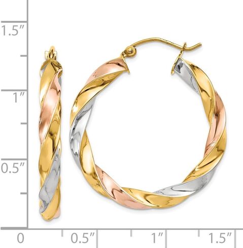 Solid 14k Tri Three Color Gold Light Twisted Hoop Earrings - 33mm x 5mm in Kuwait