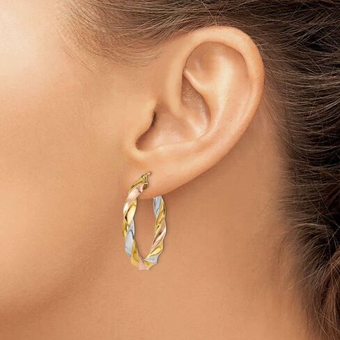 Solid 14k Tri Three Color Gold Light Twisted Hoop Earrings - 33mm x 5mm in Kuwait