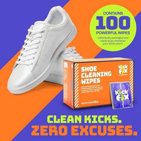 Stock Your Home KickFix Shoe Wipes (100 Pack) Shoe Cleaning Wipes for Sneakers, Leather, Canvas & Suede, Sneaker Cleaner Wipes for White Shoes, Travel Shoe Care in Kuwait