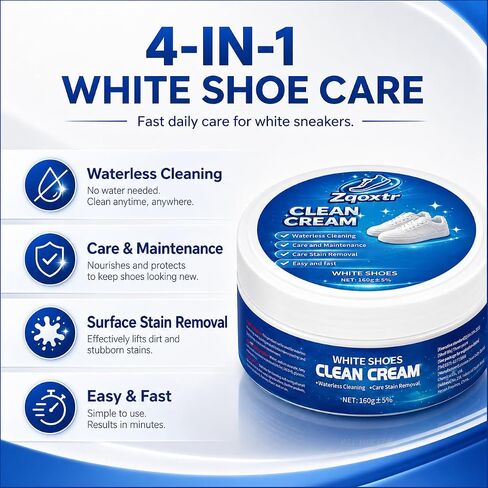 White Shoe Cleaner Cream, No Rinse Sneaker Cleaning Paste with Sponge for White Shoes, Leather, Canvas, Rubber Soles in Kuwait