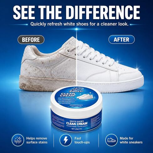 White Shoe Cleaner Cream, No Rinse Sneaker Cleaning Paste with Sponge for White Shoes, Leather, Canvas, Rubber Soles in Kuwait