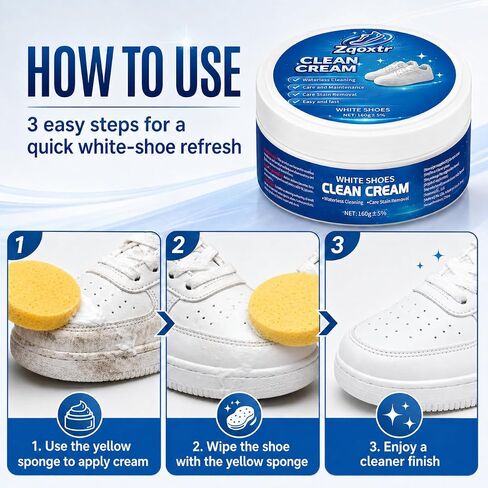 White Shoe Cleaner Cream, No Rinse Sneaker Cleaning Paste with Sponge for White Shoes, Leather, Canvas, Rubber Soles in Kuwait