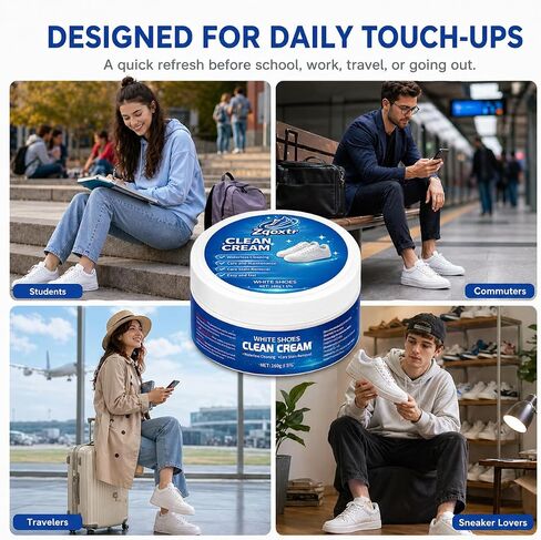 White Shoe Cleaner Cream, No Rinse Sneaker Cleaning Paste with Sponge for White Shoes, Leather, Canvas, Rubber Soles in Kuwait