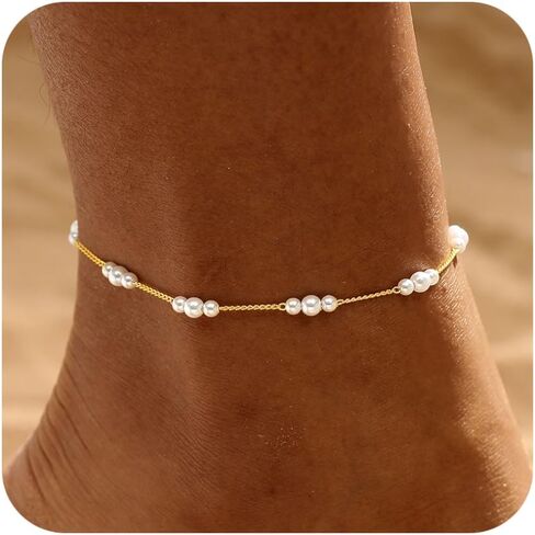 Warshion Ankle Bracelets for Women - 14K Gold Plated Waterproof Gold Anklet Delicate Chain Women's Anklets Summer Beach Pearl Jewelry Layering Gift Non Tarnish in Kuwait