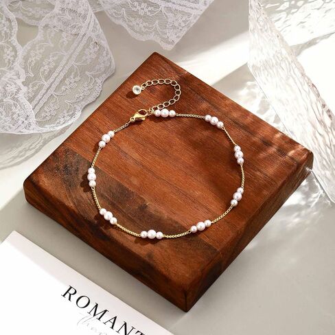 Warshion Ankle Bracelets for Women - 14K Gold Plated Waterproof Gold Anklet Delicate Chain Women's Anklets Summer Beach Pearl Jewelry Layering Gift Non Tarnish in Kuwait