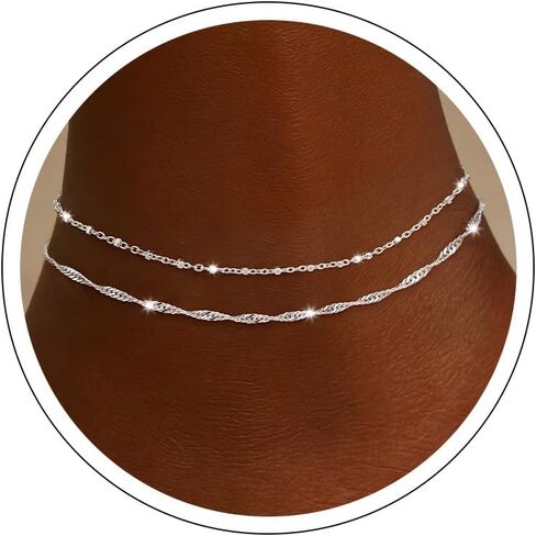 Moodear Ankle Bracelets for Women 14K Silver Plated Anklets for Women Waterproof Dainty Twist Square Beaded Chain Anklets Non Tarnish Adjustable Layered Anklet Summer Beach Jewelry Gift in Kuwait