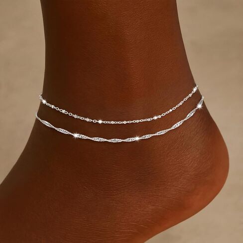 Moodear Ankle Bracelets for Women 14K Silver Plated Anklets for Women Waterproof Dainty Twist Square Beaded Chain Anklets Non Tarnish Adjustable Layered Anklet Summer Beach Jewelry Gift in Kuwait
