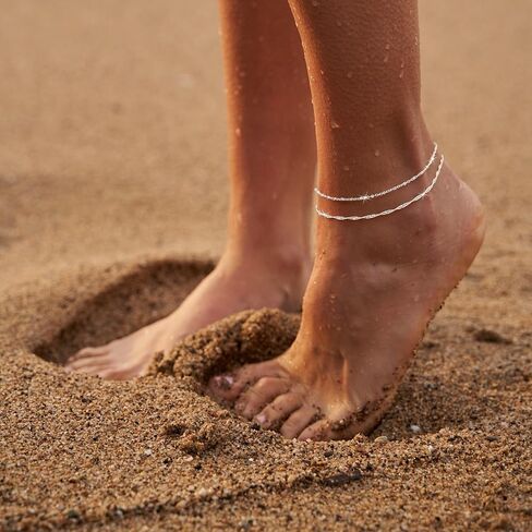 Moodear Ankle Bracelets for Women 14K Silver Plated Anklets for Women Waterproof Dainty Twist Square Beaded Chain Anklets Non Tarnish Adjustable Layered Anklet Summer Beach Jewelry Gift in Kuwait