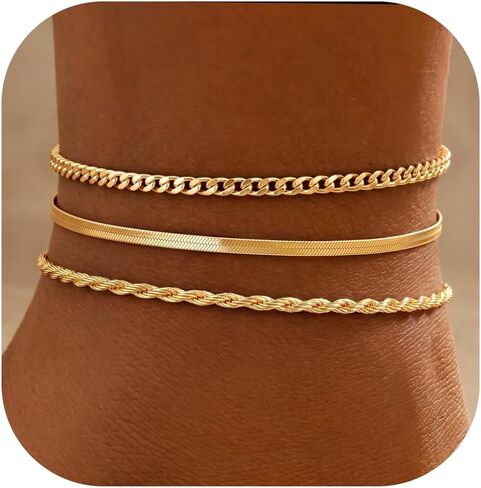 Waterproof Ankle Bracelets for Women,14k Gold Plated Hypoallergenic Layered Stackable herringbone Cuban Link Chain,Adjustable Beach Anklets Bracelets for Women Gift 3pc Sets in Kuwait