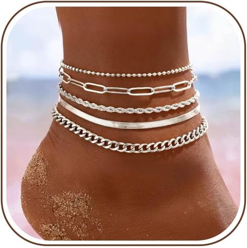 FIBO STEEL 5Pcs Ankle Bracelets for Women Waterproof Stainless Steel Dainty Anklets for Women 14K Gold Plated Non Tarnish Cuban Link Chain Layered Cute Anklet Adjustable Summer Beach Jewelry Set in Kuwait