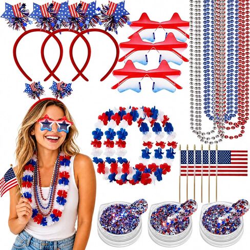 4th of July Accessories Set Patriotic Party Favors with Headbands Necklaces Sunglasses for Independence Day in Saudi Arabia