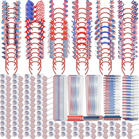 Aurelema 216 Pcs 4th of July Accessories Patriotic Supplies 72 Patriotic Head Boppers Headbands 72 Shutter Glasses 72 Flag Necklaces Red Blue White Decorations for Adults Memorial Independence Day in Kuwait