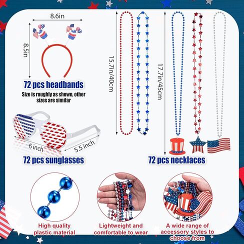 Aurelema 216 Pcs 4th of July Accessories Patriotic Supplies 72 Patriotic Head Boppers Headbands 72 Shutter Glasses 72 Flag Necklaces Red Blue White Decorations for Adults Memorial Independence Day in Kuwait