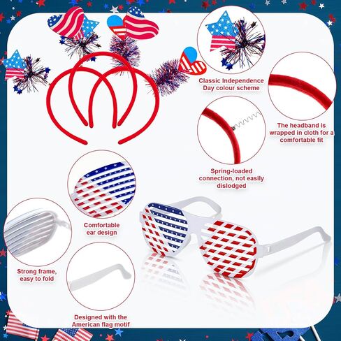 Aurelema 216 Pcs 4th of July Accessories Patriotic Supplies 72 Patriotic Head Boppers Headbands 72 Shutter Glasses 72 Flag Necklaces Red Blue White Decorations for Adults Memorial Independence Day in Kuwait