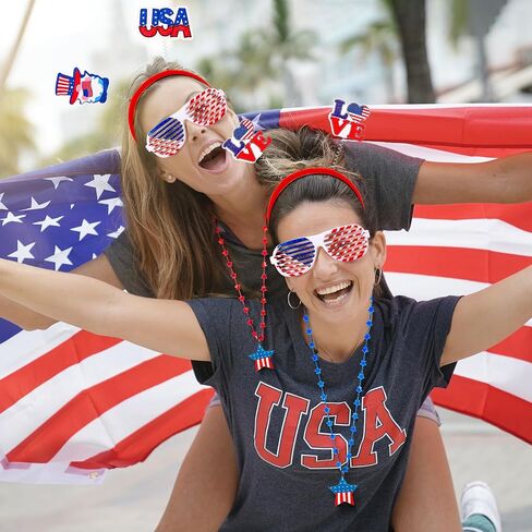 Aurelema 216 Pcs 4th of July Accessories Patriotic Supplies 72 Patriotic Head Boppers Headbands 72 Shutter Glasses 72 Flag Necklaces Red Blue White Decorations for Adults Memorial Independence Day in Kuwait