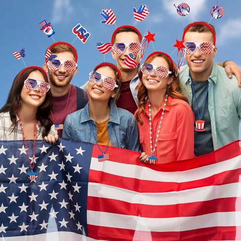 Aurelema 216 Pcs 4th of July Accessories Patriotic Supplies 72 Patriotic Head Boppers Headbands 72 Shutter Glasses 72 Flag Necklaces Red Blue White Decorations for Adults Memorial Independence Day in Kuwait